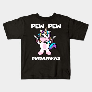 Pew-Pew Unicorn: Unleashing Rainbow Blasts of Whimsical Power Kids T-Shirt